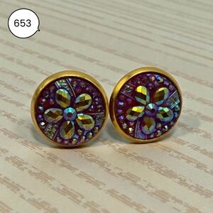 Light Orange Floral Stud Earrings – Gold Tone Round Crystal Mosaic Jewelry